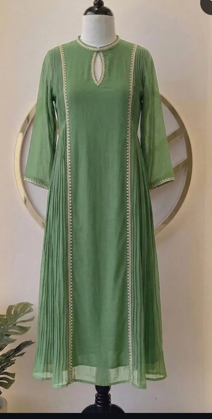 Sage Green Chanderi Silk Pleated Kurta Dress with Keyhole Neck & Zari Pearl Border | Festive Ethnic Long Kurti