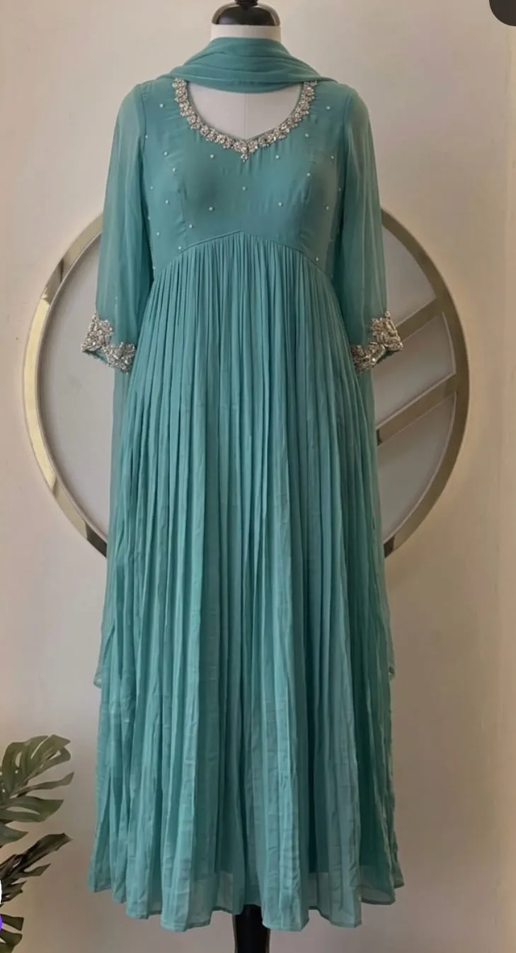 Sea Green Pleated Anarkali Suit Set with Dupatta | Designer Ethnic Wear