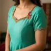 Sea Green Silk Anarkali Gown with Hand Embroidered Parrot Motif & Red Net Dupatta | Long Ethnic Party Wear Dress - Image 2