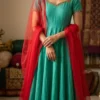 Sea Green Silk Anarkali Gown with Hand Embroidered Parrot Motif & Red Net Dupatta | Long Ethnic Party Wear Dress - Image 3