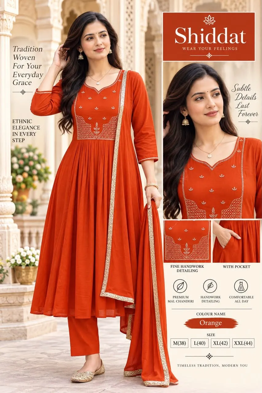 Shiddat Mul Chanderi Handwork Anarkali Kurti with Roman Silk Pants & Dupatta Set | 3-Piece Festive Ethnic Suit - Image 10