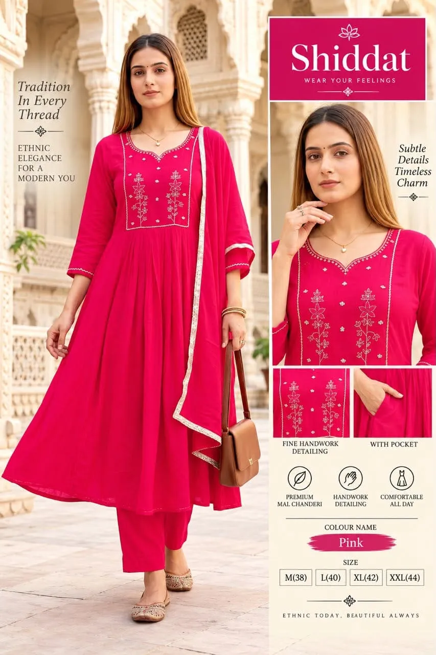 Shiddat Mul Chanderi Handwork Anarkali Kurti with Roman Silk Pants & Dupatta Set | 3-Piece Festive Ethnic Suit - Image 11