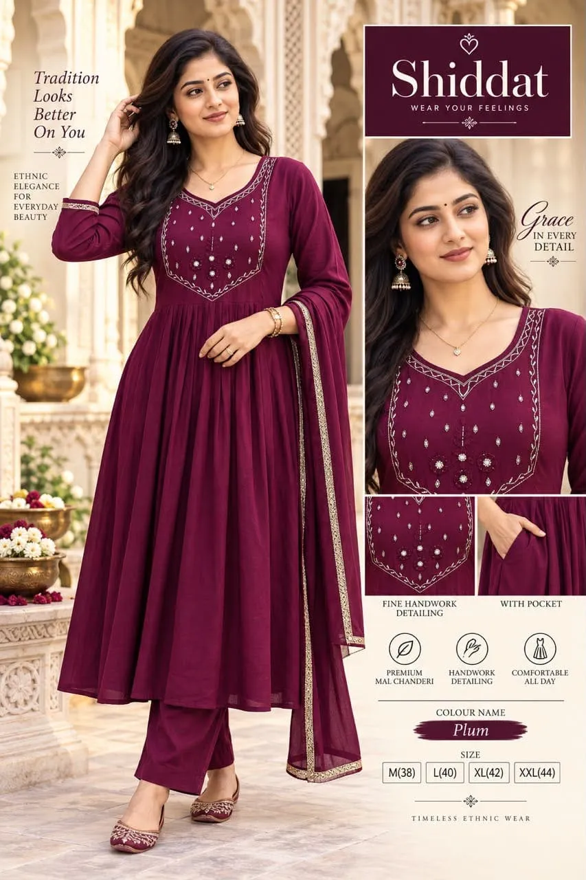 Shiddat Mul Chanderi Handwork Anarkali Kurti with Roman Silk Pants & Dupatta Set | 3-Piece Festive Ethnic Suit - Image 12