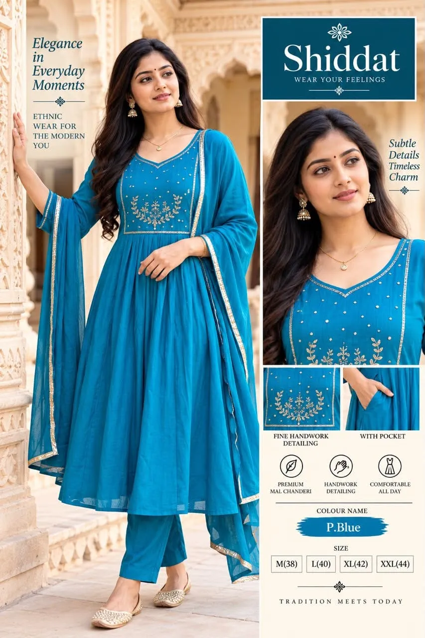 Shiddat Mul Chanderi Handwork Anarkali Kurti with Roman Silk Pants & Dupatta Set | 3-Piece Festive Ethnic Suit - Image 13