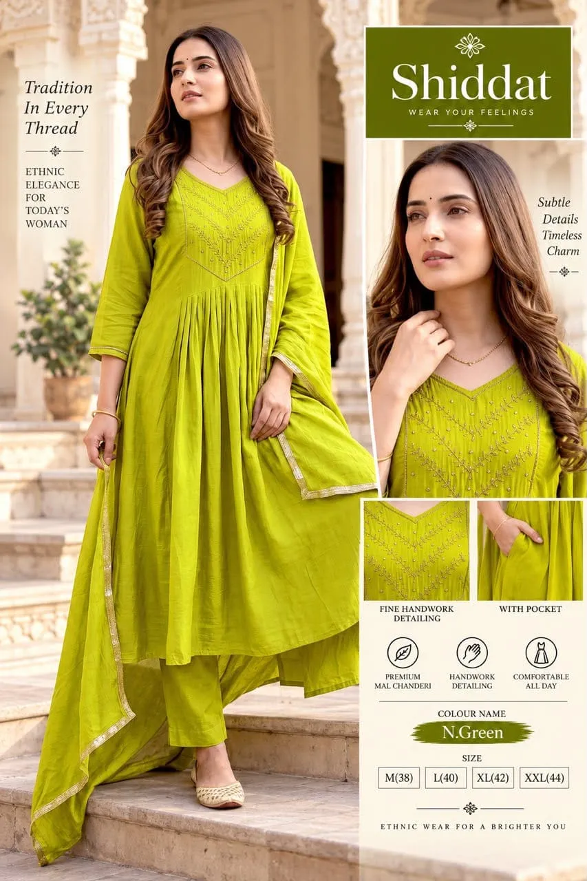 Shiddat Mul Chanderi Handwork Anarkali Kurti with Roman Silk Pants & Dupatta Set | 3-Piece Festive Ethnic Suit - Image 14