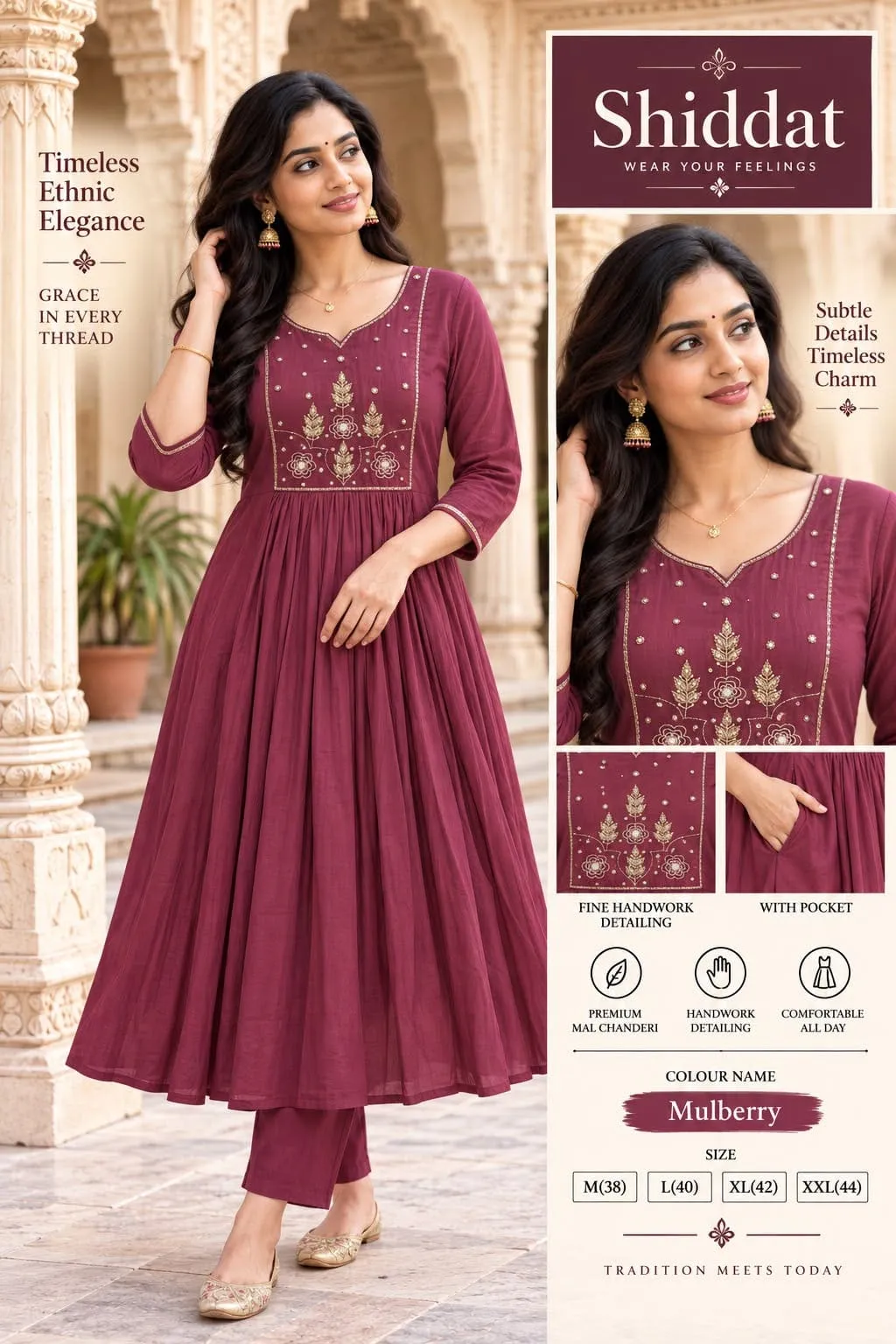 Shiddat Mul Chanderi Handwork Anarkali Kurti with Roman Silk Pants & Dupatta Set | 3-Piece Festive Ethnic Suit - Image 2