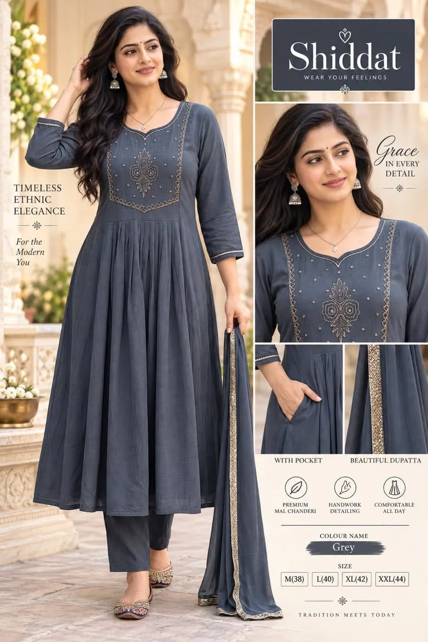 Shiddat Mul Chanderi Handwork Anarkali Kurti with Roman Silk Pants & Dupatta Set | 3-Piece Festive Ethnic Suit - Image 3
