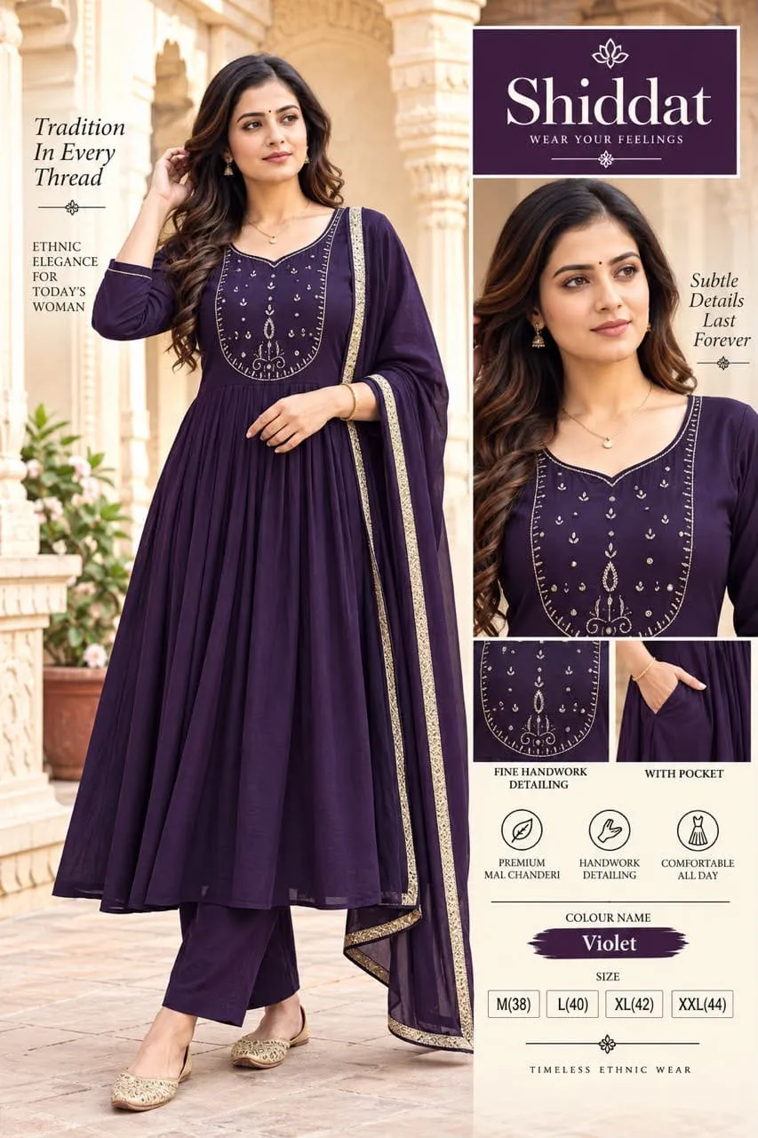 Shiddat Mul Chanderi Handwork Anarkali Kurti with Roman Silk Pants & Dupatta Set | 3-Piece Festive Ethnic Suit - Image 4