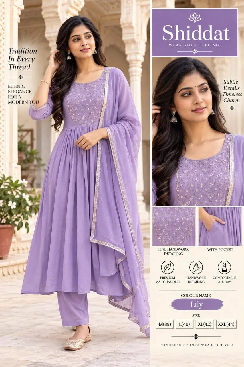 Shiddat Mul Chanderi Handwork Anarkali Kurti with Roman Silk Pants & Dupatta Set | 3-Piece Festive Ethnic Suit - Image 6