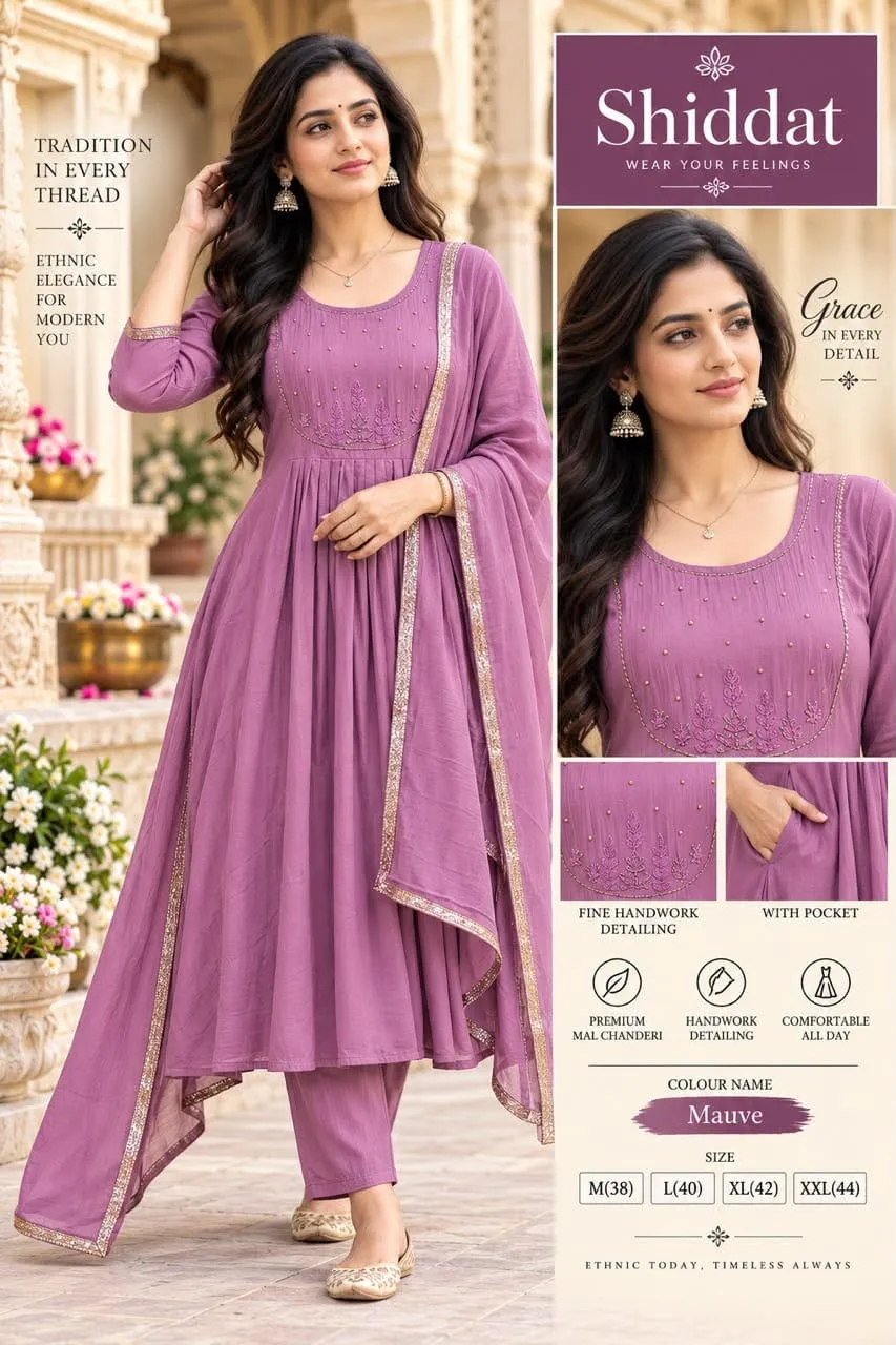 Shiddat Mul Chanderi Handwork Anarkali Kurti with Roman Silk Pants & Dupatta Set | 3-Piece Festive Ethnic Suit - Image 8