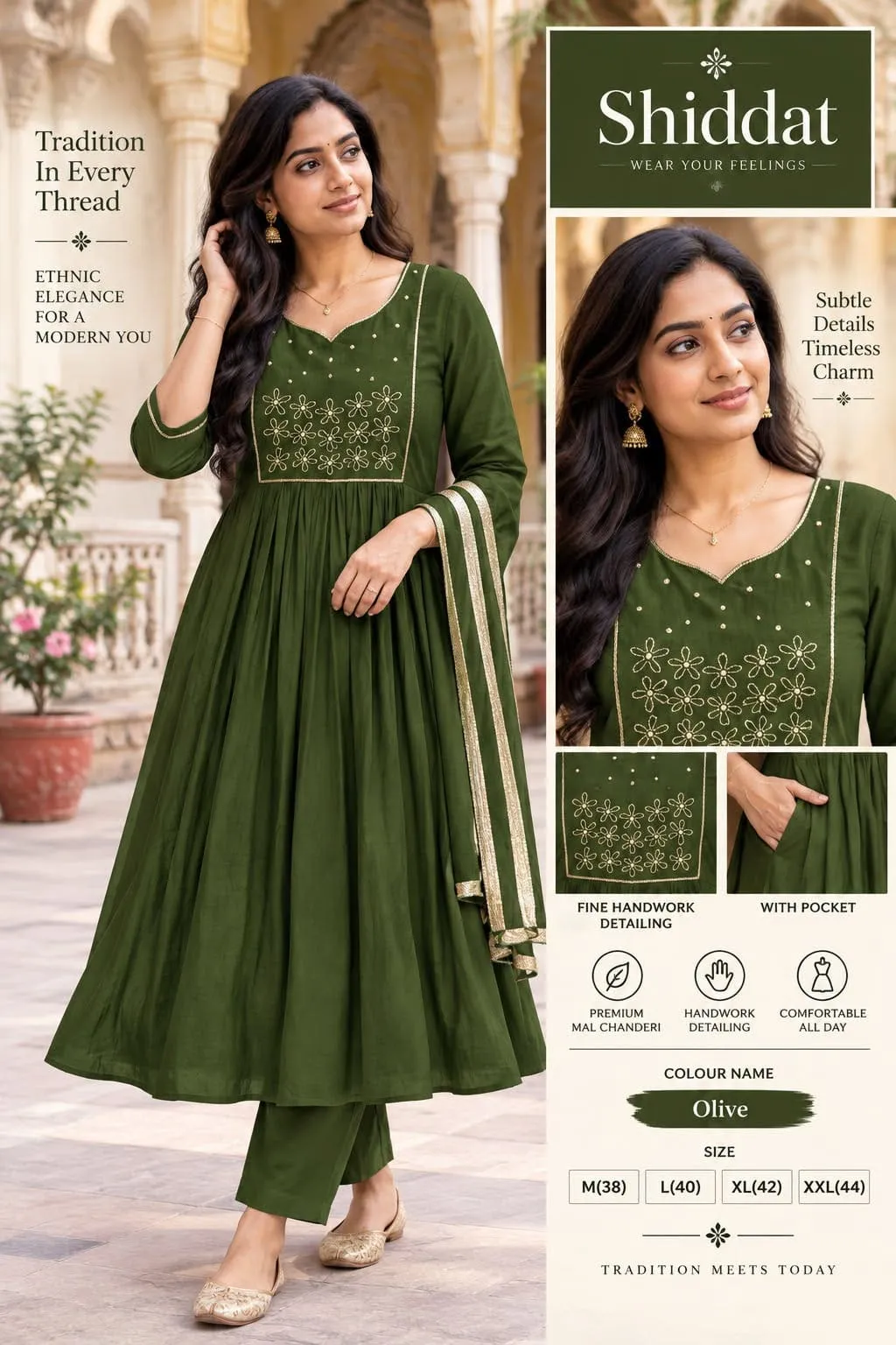Shiddat Mul Chanderi Handwork Anarkali Kurti with Roman Silk Pants & Dupatta Set | 3-Piece Festive Ethnic Suit - Image 9