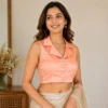 Shirt Collar Silk Saree Blouse Readymade – Sleeveless Padded Designer Blouse with Stretch Side Smocking (Size 38 to 42) - Image 11