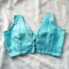 Sky Blue Sleeveless Raw Silk Readymade Blouse – Plunging V-Neck Front & Back, Padded Choli for Sarees & Lehengas