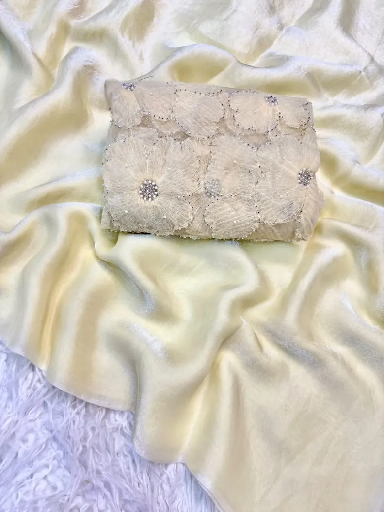 Soft Fancy Satin Silk Saree with Ribbon & Bead Work Net Blouse - Image 6