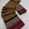 Soft Mul Cotton Saree with Ajrakh Bandhani Print & Zari Weaving Border | Lightweight Daily Wear Mulmul Saree with Contrast Printed Blouse - Image 4