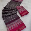 Soft Mul Cotton Saree with Ajrakh Bandhani Print & Zari Weaving Border | Lightweight Daily Wear Mulmul Saree with Contrast Printed Blouse - Image 5