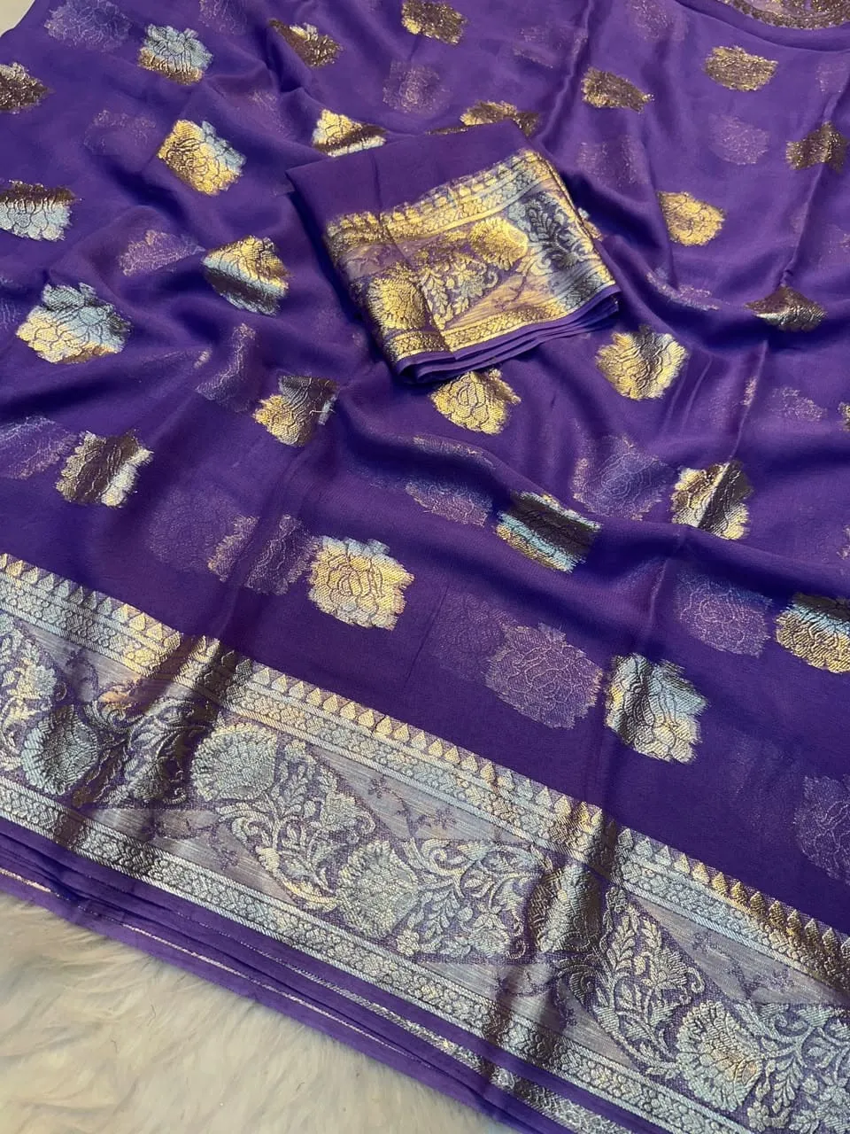 Soft Viscose Georgette Saree with Woven Gold Zari Butta & Peacock Border | Lightweight Festive Banarasi Weave Saree with Running Blouse - Image 11
