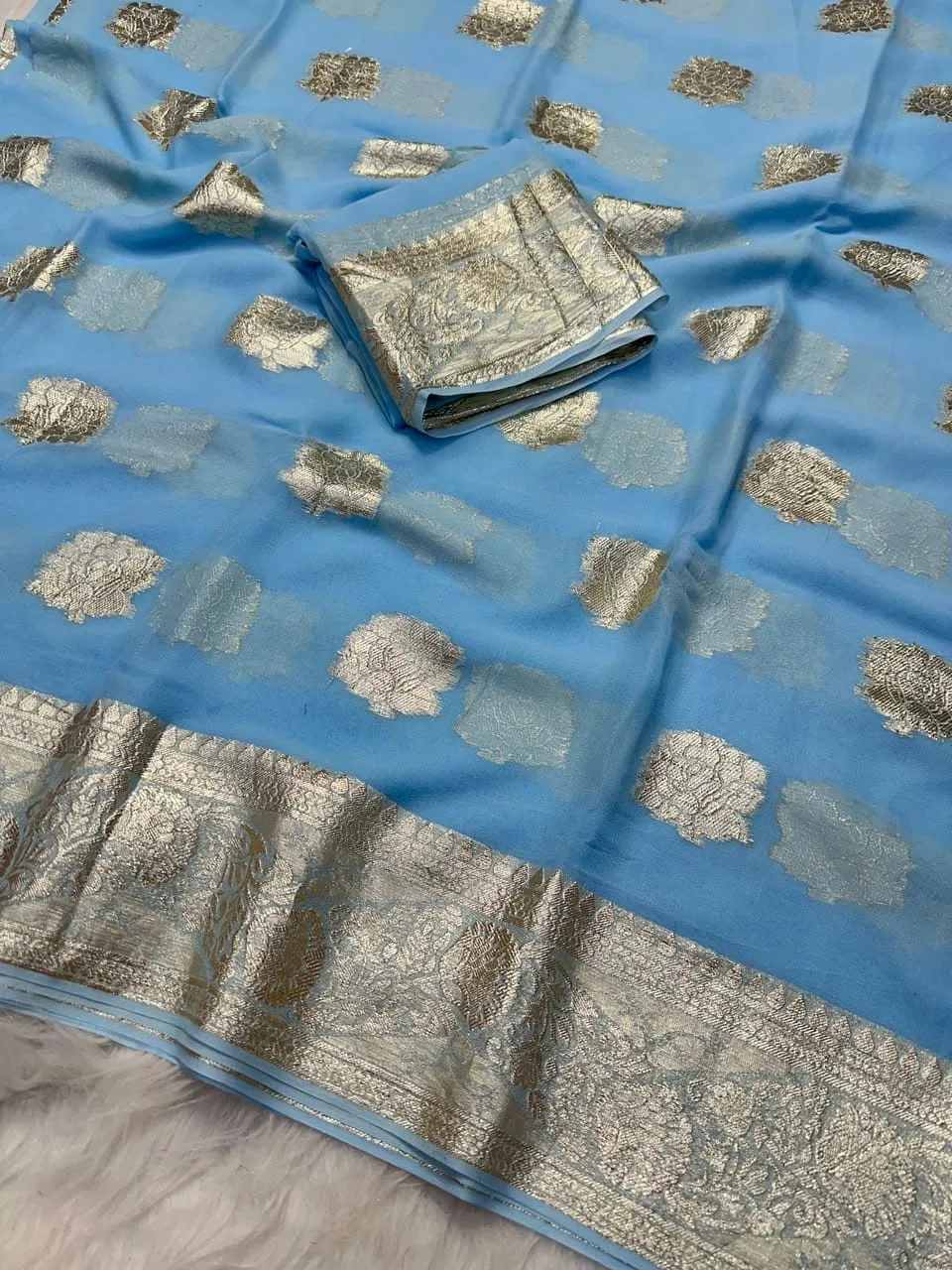 Soft Viscose Georgette Saree with Woven Gold Zari Butta & Peacock Border | Lightweight Festive Banarasi Weave Saree with Running Blouse - Image 12