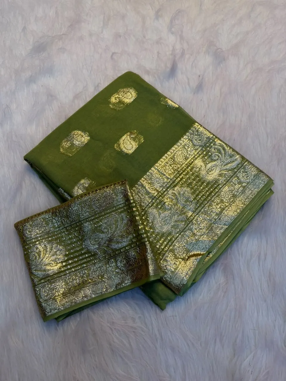 Soft Viscose Georgette Saree with Woven Gold Zari Butta & Peacock Border | Lightweight Festive Banarasi Weave Saree with Running Blouse - Image 13