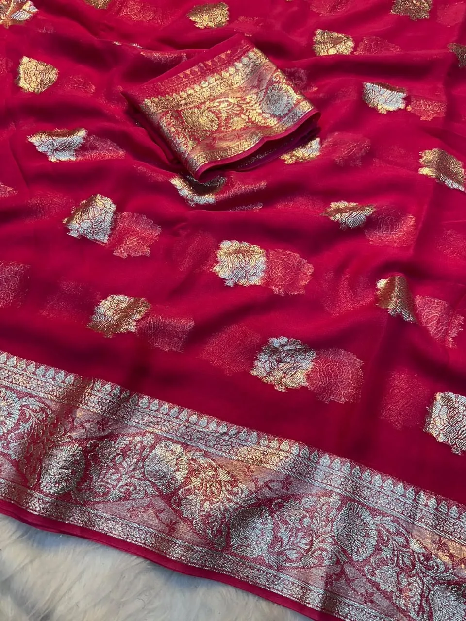 Soft Viscose Georgette Saree with Woven Gold Zari Butta & Peacock Border | Lightweight Festive Banarasi Weave Saree with Running Blouse - Image 14