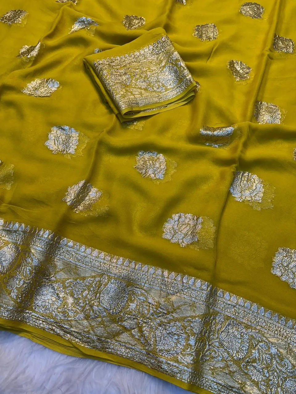 Soft Viscose Georgette Saree with Woven Gold Zari Butta & Peacock Border | Lightweight Festive Banarasi Weave Saree with Running Blouse - Image 15