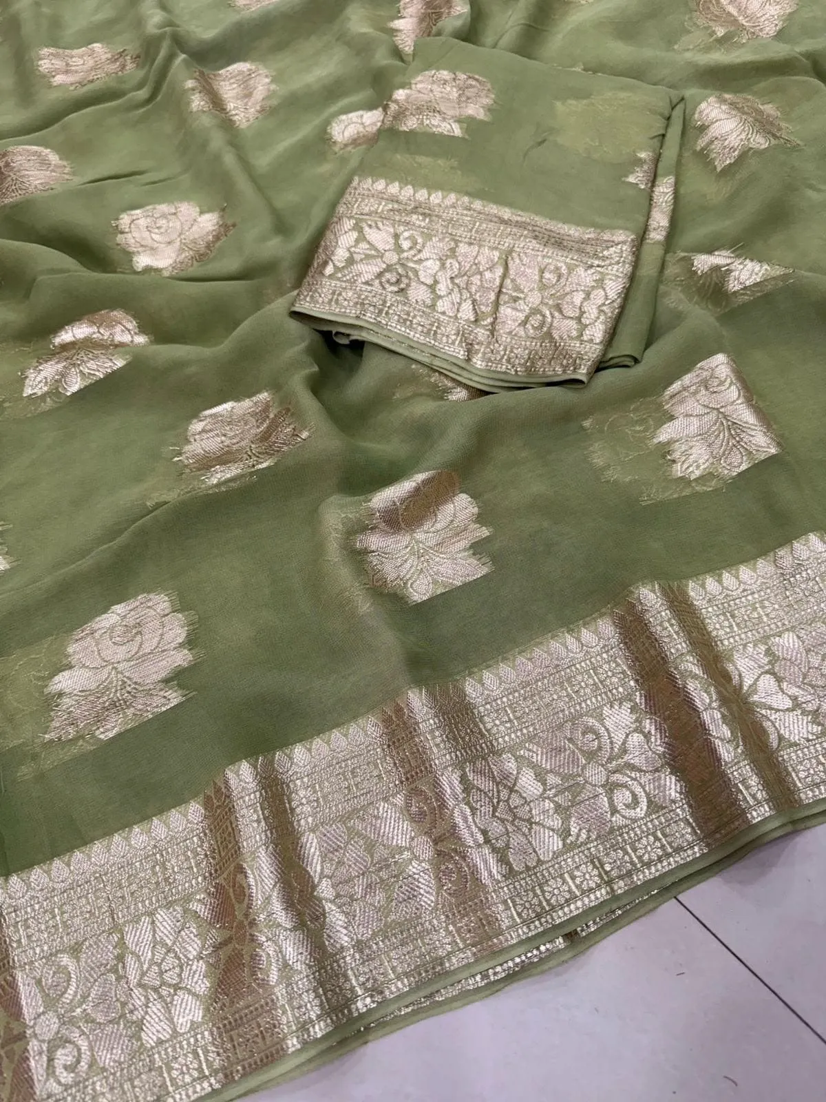 Soft Viscose Georgette Saree with Woven Gold Zari Butta & Peacock Border | Lightweight Festive Banarasi Weave Saree with Running Blouse - Image 16