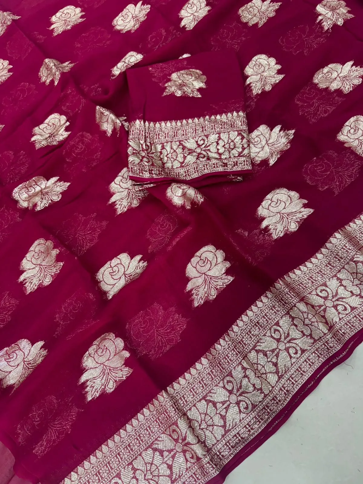 Soft Viscose Georgette Saree with Woven Gold Zari Butta & Peacock Border | Lightweight Festive Banarasi Weave Saree with Running Blouse - Image 17