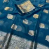 Soft Viscose Georgette Saree with Woven Gold Zari Butta & Peacock Border | Lightweight Festive Banarasi Weave Saree with Running Blouse - Image 18