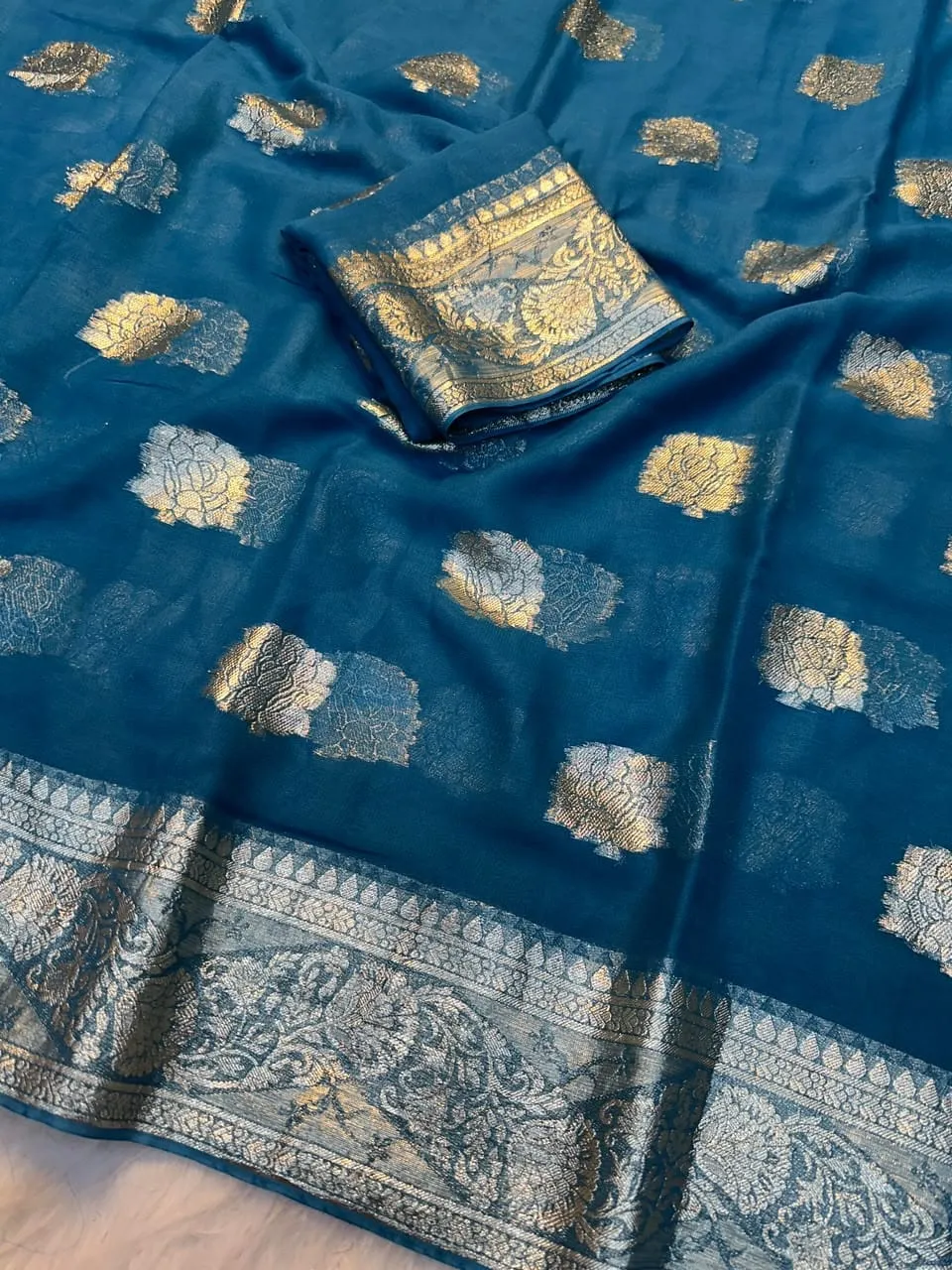 Soft Viscose Georgette Saree with Woven Gold Zari Butta & Peacock Border | Lightweight Festive Banarasi Weave Saree with Running Blouse - Image 18