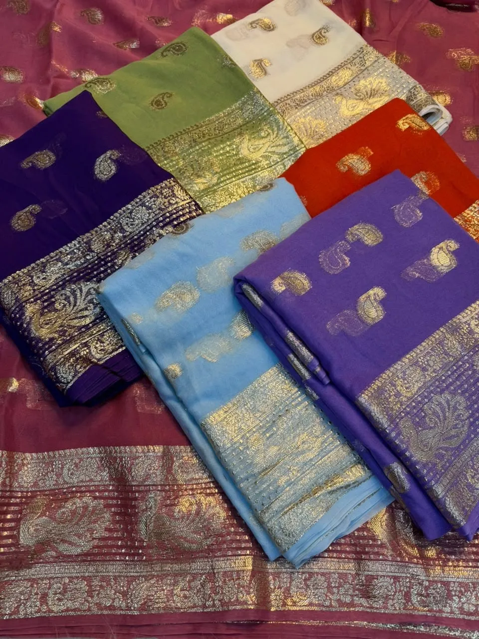 Soft Viscose Georgette Saree with Woven Gold Zari Butta & Peacock Border | Lightweight Festive Banarasi Weave Saree with Running Blouse - Image 2