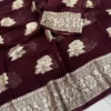 Soft Viscose Georgette Saree with Woven Gold Zari Butta & Peacock Border | Lightweight Festive Banarasi Weave Saree with Running Blouse - Image 21