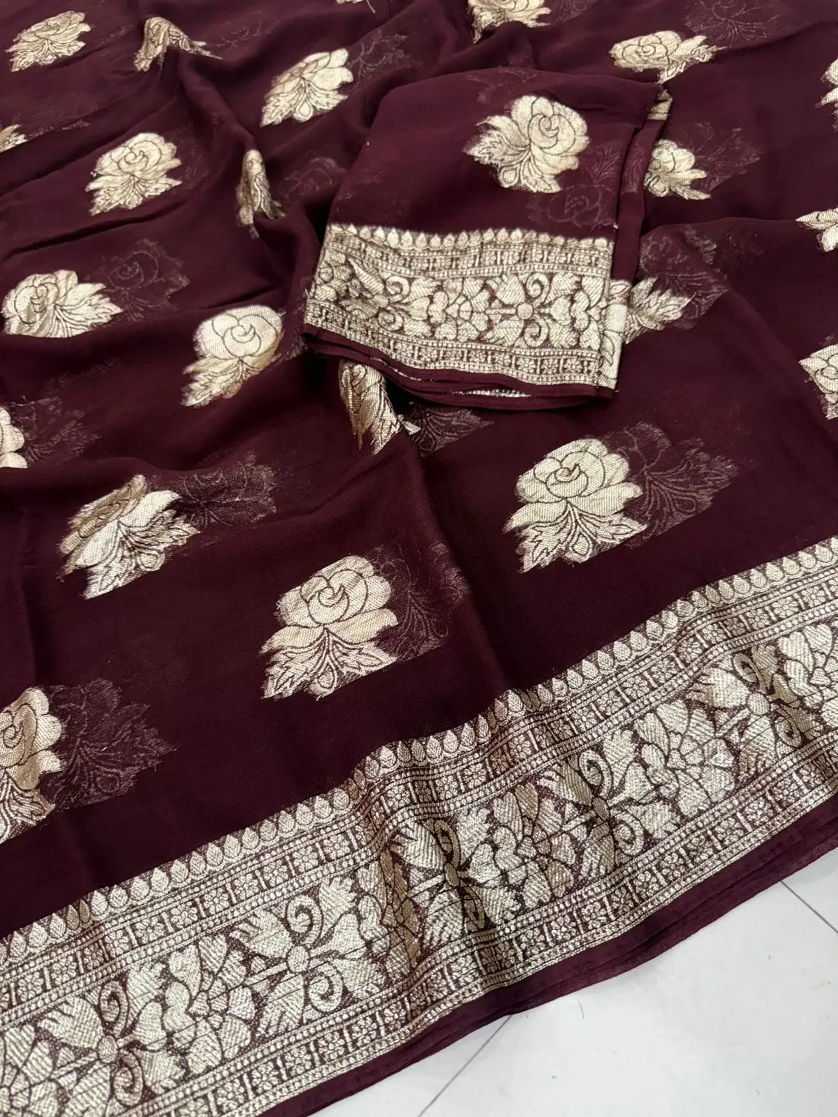 Soft Viscose Georgette Saree with Woven Gold Zari Butta & Peacock Border | Lightweight Festive Banarasi Weave Saree with Running Blouse - Image 21