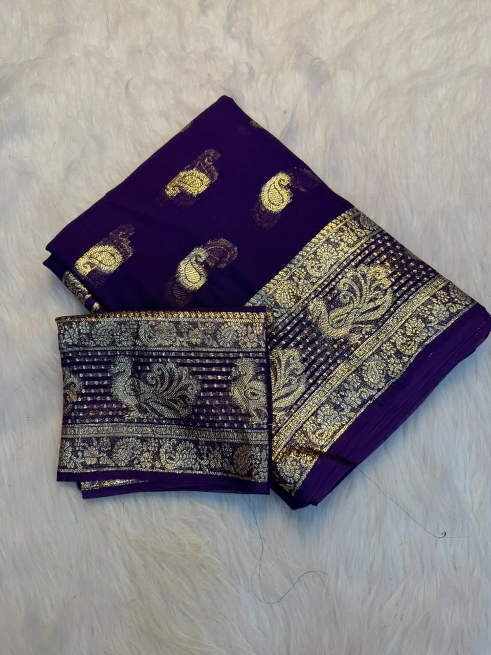 Soft Viscose Georgette Saree with Woven Gold Zari Butta & Peacock Border | Lightweight Festive Banarasi Weave Saree with Running Blouse - Image 22