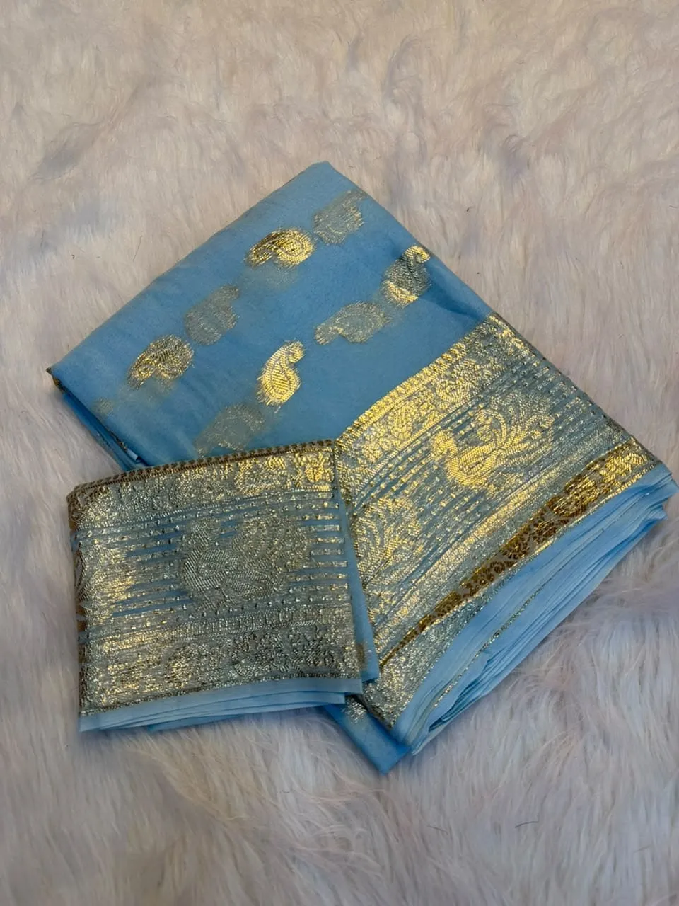 Soft Viscose Georgette Saree with Woven Gold Zari Butta & Peacock Border | Lightweight Festive Banarasi Weave Saree with Running Blouse - Image 23