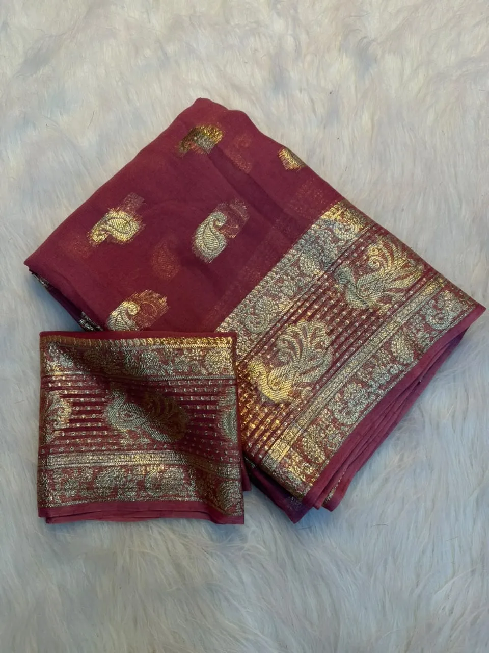 Soft Viscose Georgette Saree with Woven Gold Zari Butta & Peacock Border | Lightweight Festive Banarasi Weave Saree with Running Blouse - Image 24