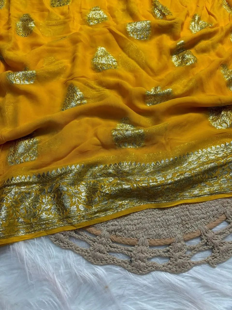 Soft Viscose Georgette Saree with Woven Gold Zari Butta & Peacock Border | Lightweight Festive Banarasi Weave Saree with Running Blouse - Image 25