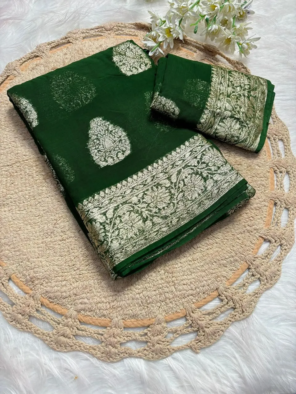 Soft Viscose Georgette Saree with Woven Gold Zari Butta & Peacock Border | Lightweight Festive Banarasi Weave Saree with Running Blouse - Image 26