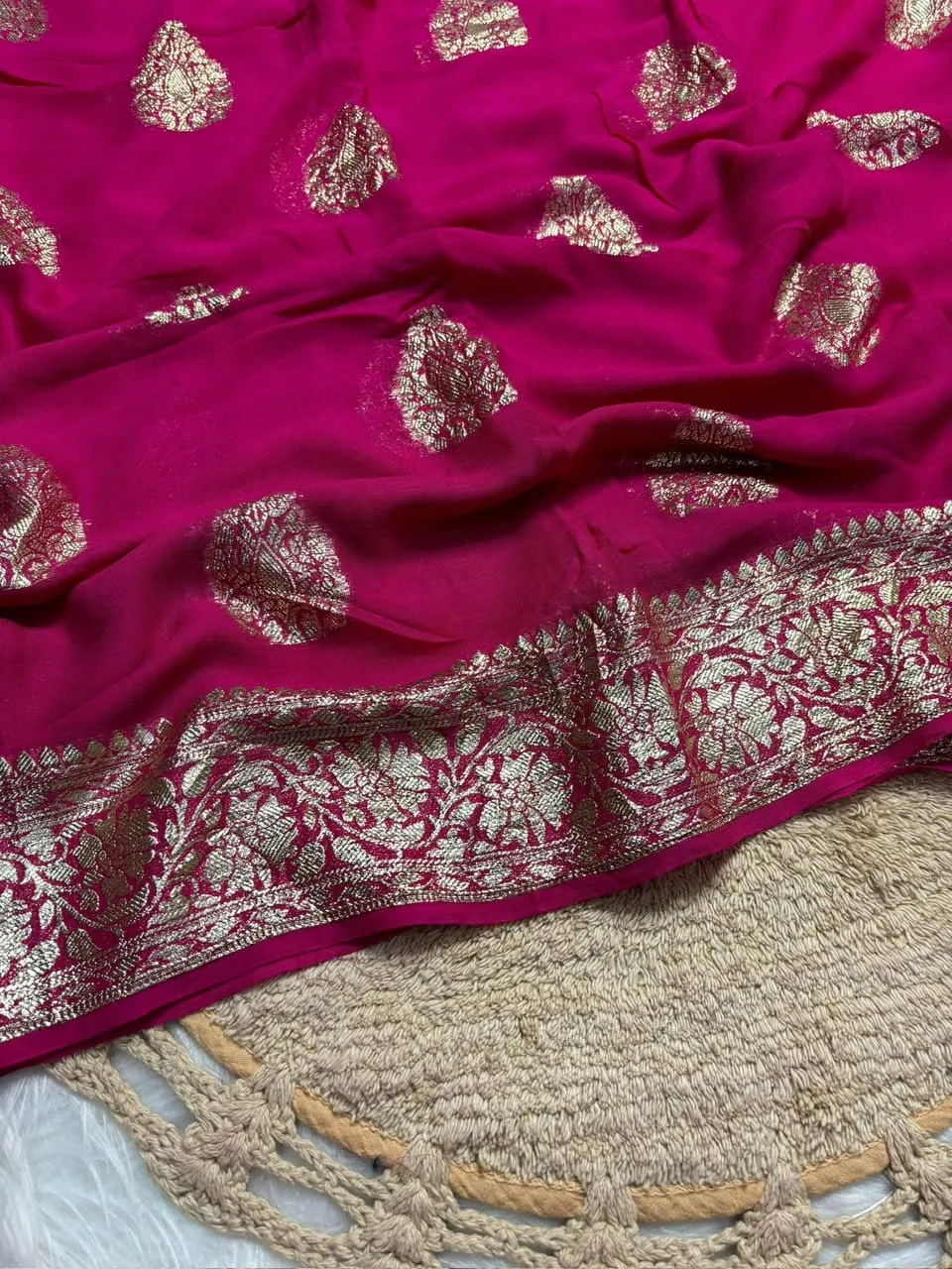 Soft Viscose Georgette Saree with Woven Gold Zari Butta & Peacock Border | Lightweight Festive Banarasi Weave Saree with Running Blouse - Image 27