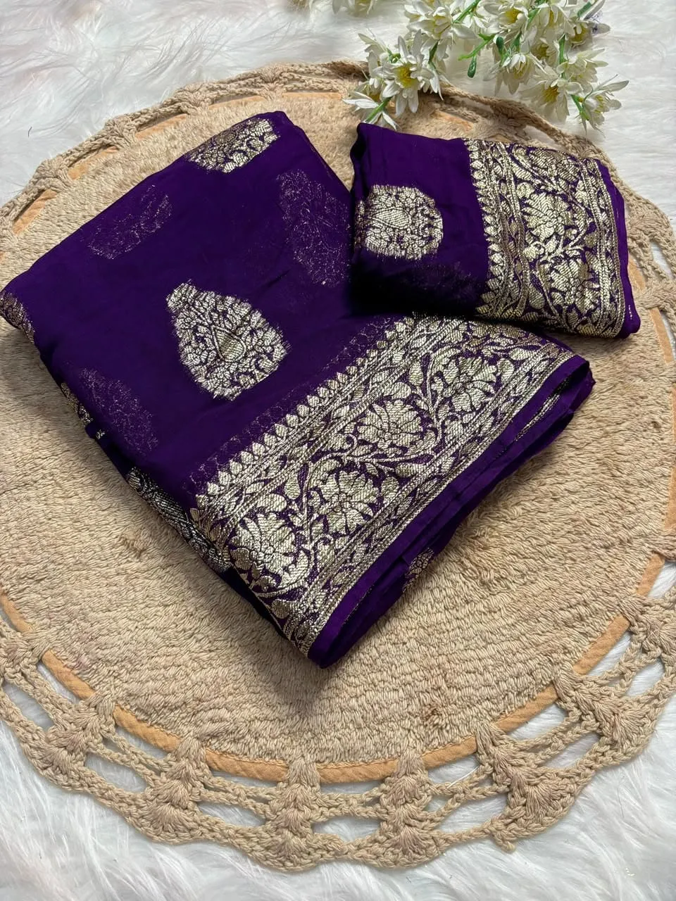 Soft Viscose Georgette Saree with Woven Gold Zari Butta & Peacock Border | Lightweight Festive Banarasi Weave Saree with Running Blouse - Image 28