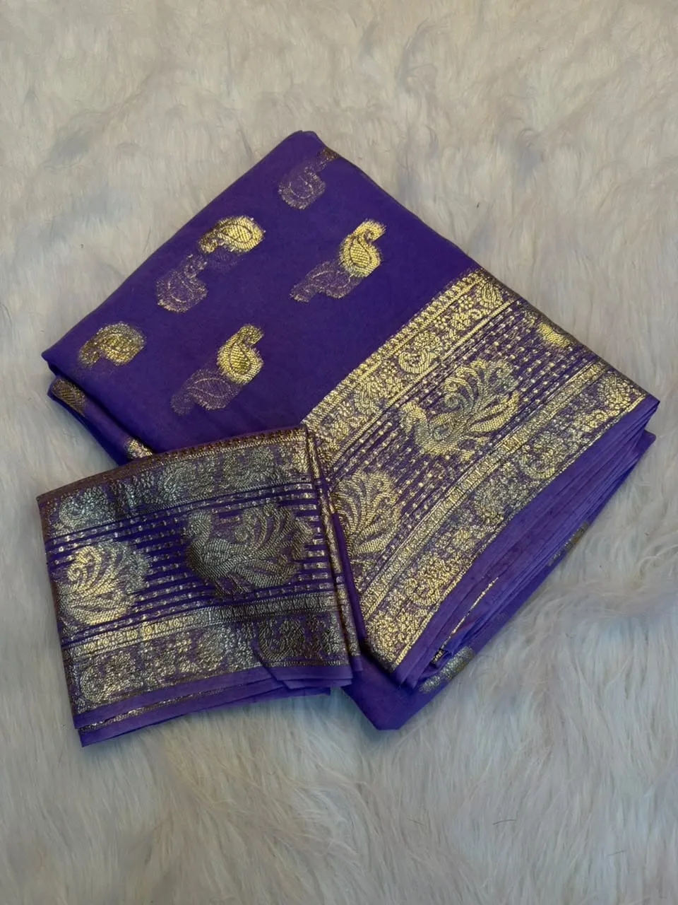 Soft Viscose Georgette Saree with Woven Gold Zari Butta & Peacock Border | Lightweight Festive Banarasi Weave Saree with Running Blouse - Image 3