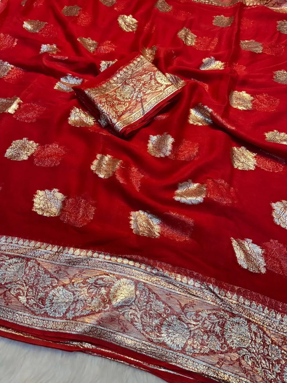 Soft Viscose Georgette Saree with Woven Gold Zari Butta & Peacock Border | Lightweight Festive Banarasi Weave Saree with Running Blouse - Image 6