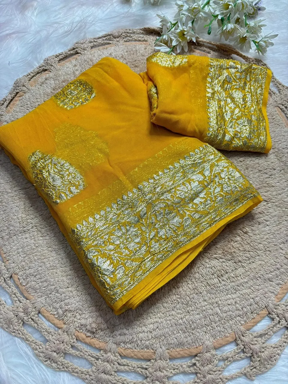 Soft Viscose Georgette Saree with Woven Gold Zari Butta & Peacock Border | Lightweight Festive Banarasi Weave Saree with Running Blouse - Image 7