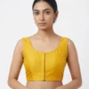 Solid Raw Silk Sleeveless Blouse | Deep V-Neck Back Potli Button Blouse for Saree & Lehenga - Image 3