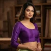 Solid Violet Purple Raw Silk Boat Back Blouse with Elbow Length Sleeves | Alterable Padded Readymade Ethnic Blouse