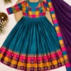 South Indian Style Flared Cotton Silk Festive Long Frock with Multicolor Checks Border & Dupatta