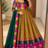 South Indian Style Flared Cotton Silk Festive Long Frock with Multicolor Checks Border & Dupatta - Image 2