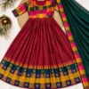 South Indian Style Flared Cotton Silk Festive Long Frock with Multicolor Checks Border & Dupatta - Image 3