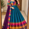 South Indian Style Flared Cotton Silk Festive Long Frock with Multicolor Checks Border & Dupatta - Image 4