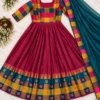 South Indian Style Flared Cotton Silk Festive Long Frock with Multicolor Checks Border & Dupatta - Image 5