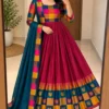 South Indian Style Flared Cotton Silk Festive Long Frock with Multicolor Checks Border & Dupatta - Image 6